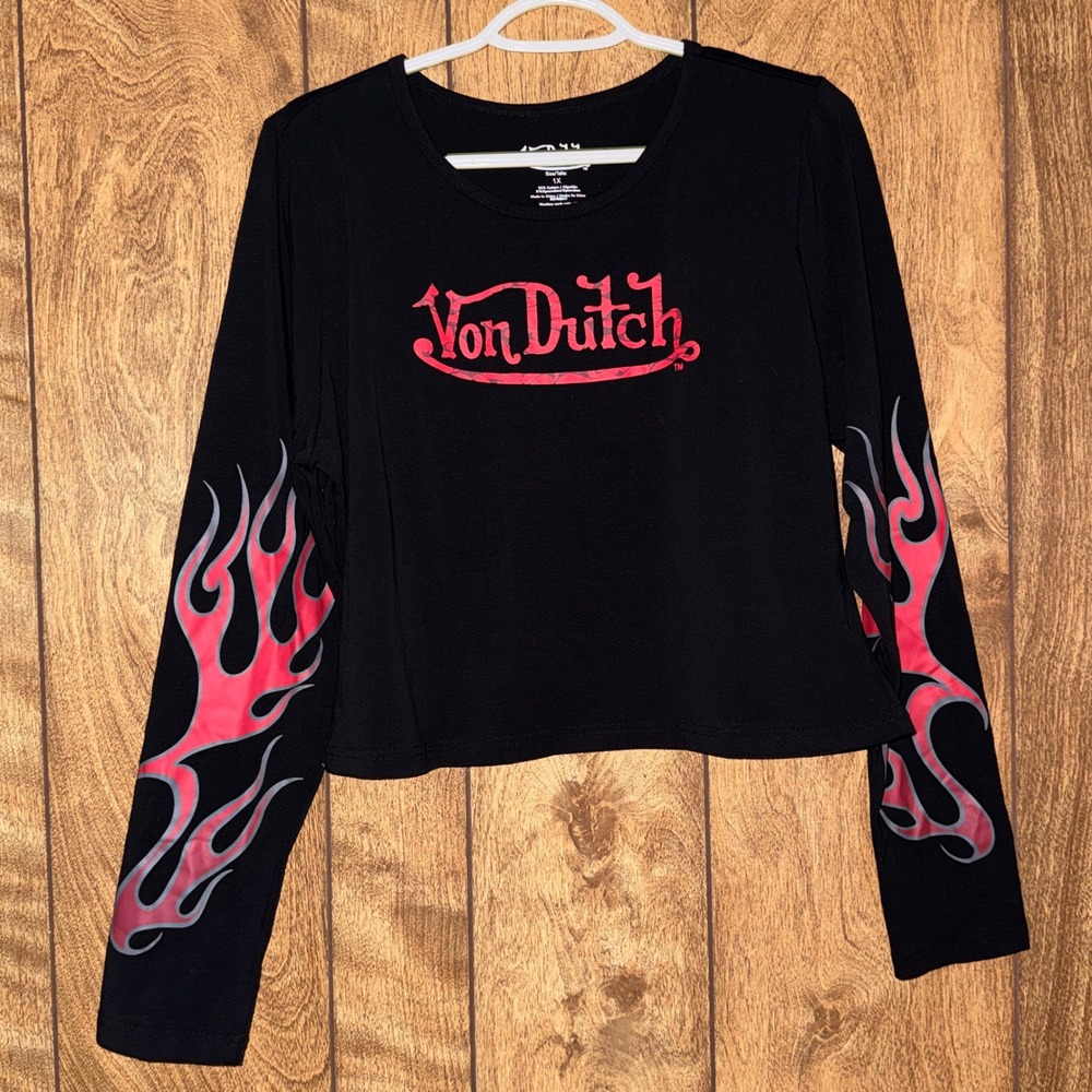 NEW Von Dutch Flames Crop Graphic Tee Logo T-shirt Streetwear Moto Black Red 1X